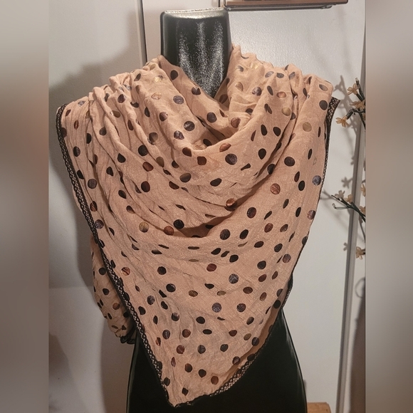 Tan Colored Polka Dot Scarf with Black Trim - Picture 1 of 3